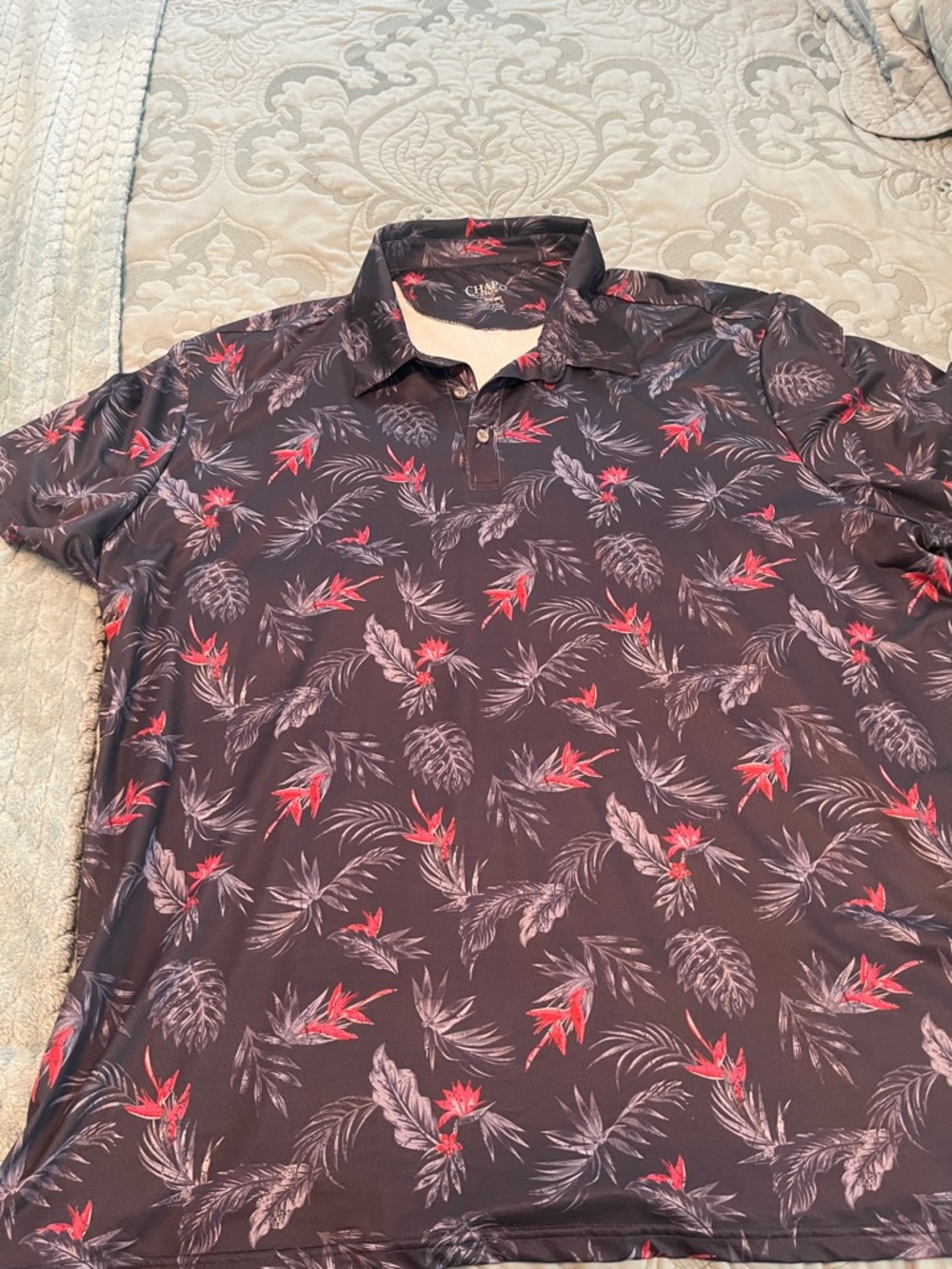 Chaps Men's Black Polo with Red and Gray Tropical Print